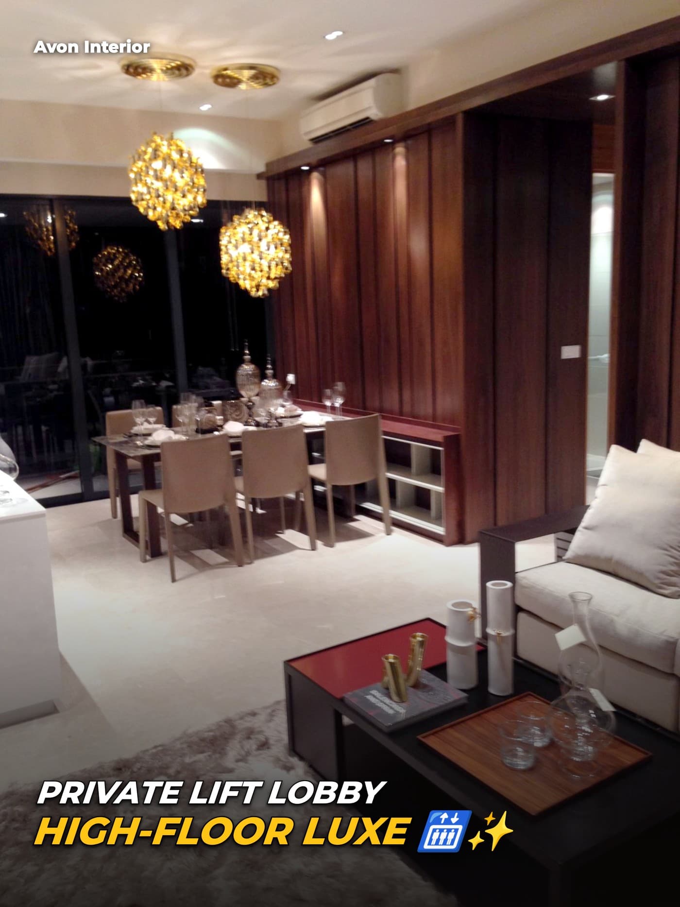 Balmoral living and dining room with walnut wall. Headline on the image: Private lift lobby, high-floor luxe