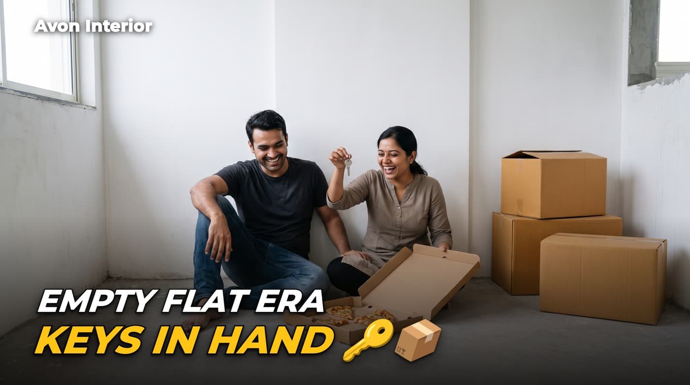 A couple sharing pizza on the bare floor of their empty new BTO flat, holding the key. Headline on the image: Empty flat era, keys in hand