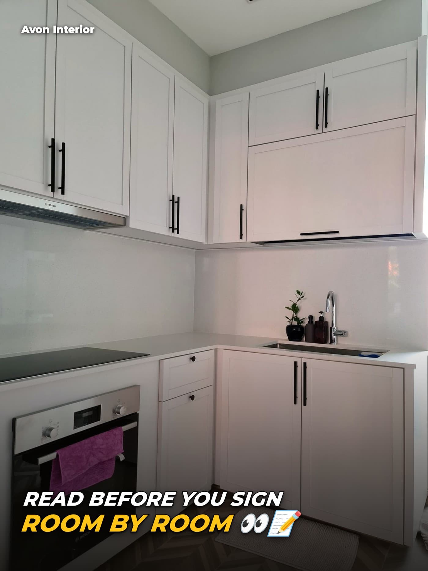 Kew Gate shaker kitchen. Headline on the image: Read before you sign, room by room