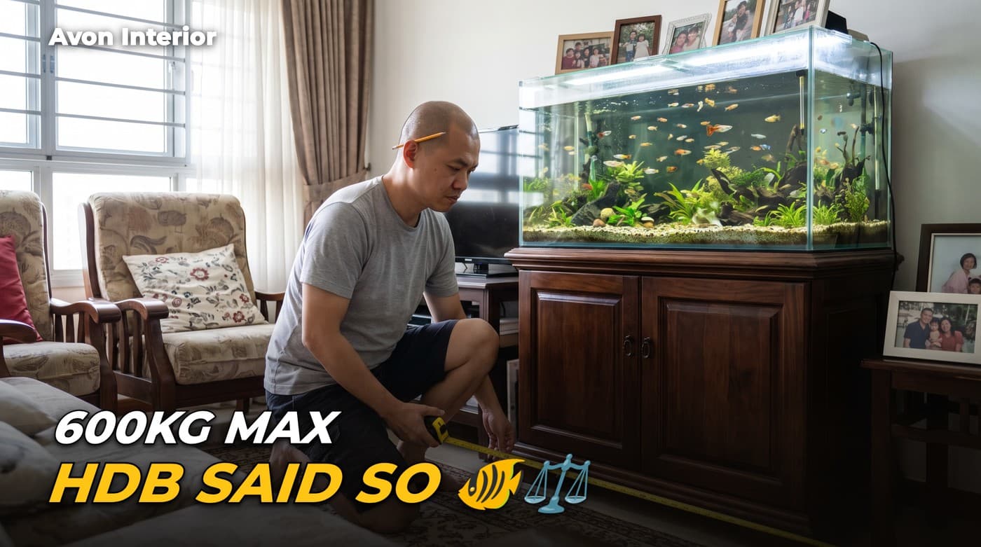 A man measuring the cabinet under his aquarium with a tape. Headline on the image: 600kg max, HDB said so