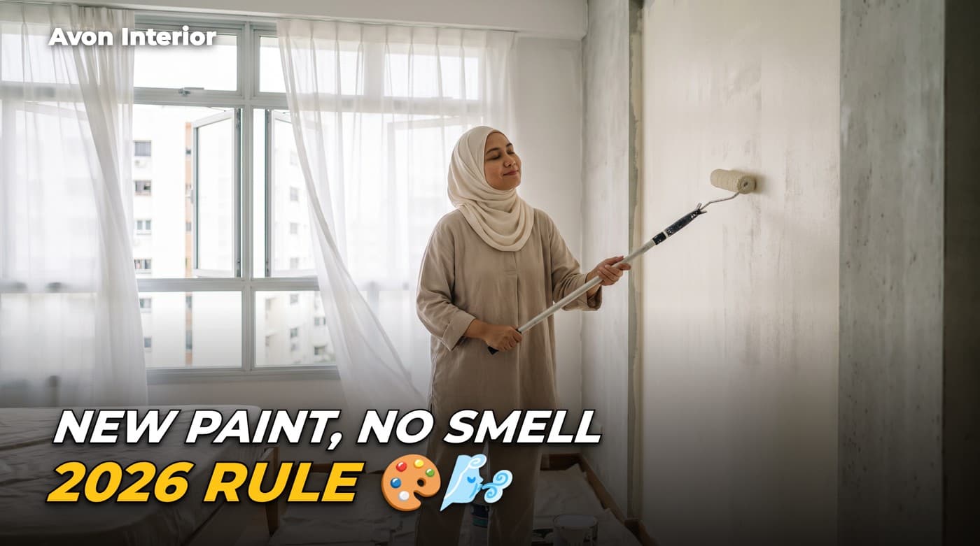 A woman rolling fresh paint onto a bedroom wall with the windows open. Headline on the image: New paint, no smell, 2026 rule