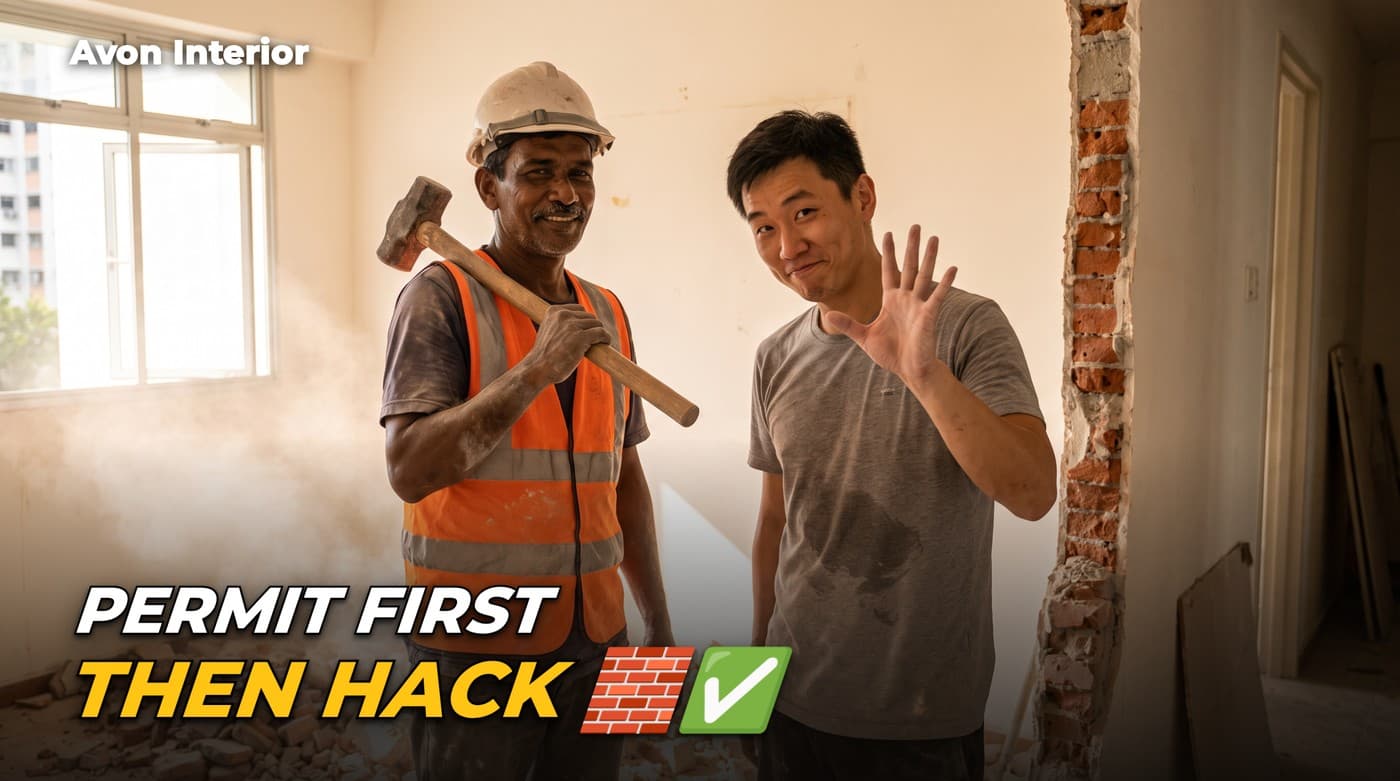 A contractor with a sledgehammer paused beside a half-hacked brick wall while the homeowner signals wait. Headline on the image: Permit first, then hack