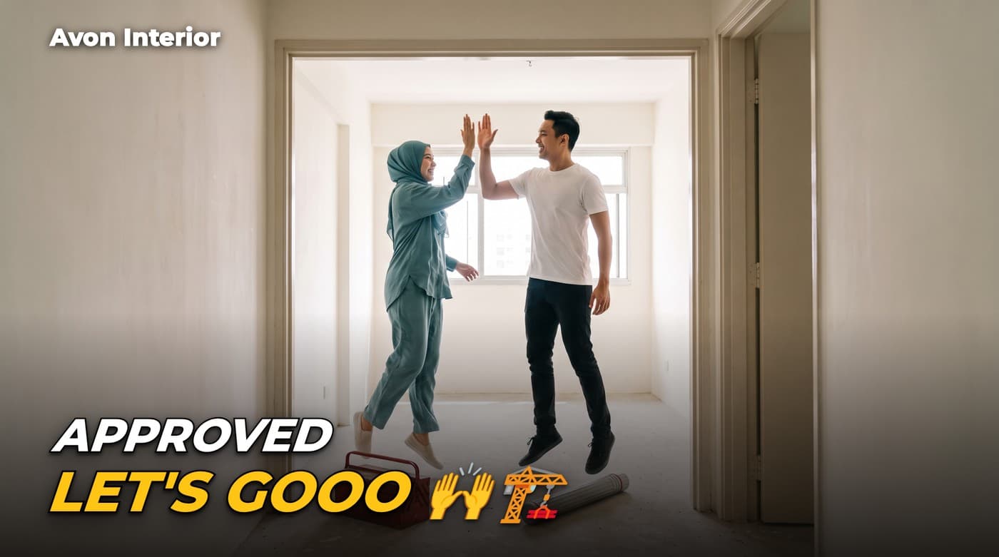 A couple leaping into a high-five in their empty flat beside a toolbox. Headline on the image: Approved, let's go