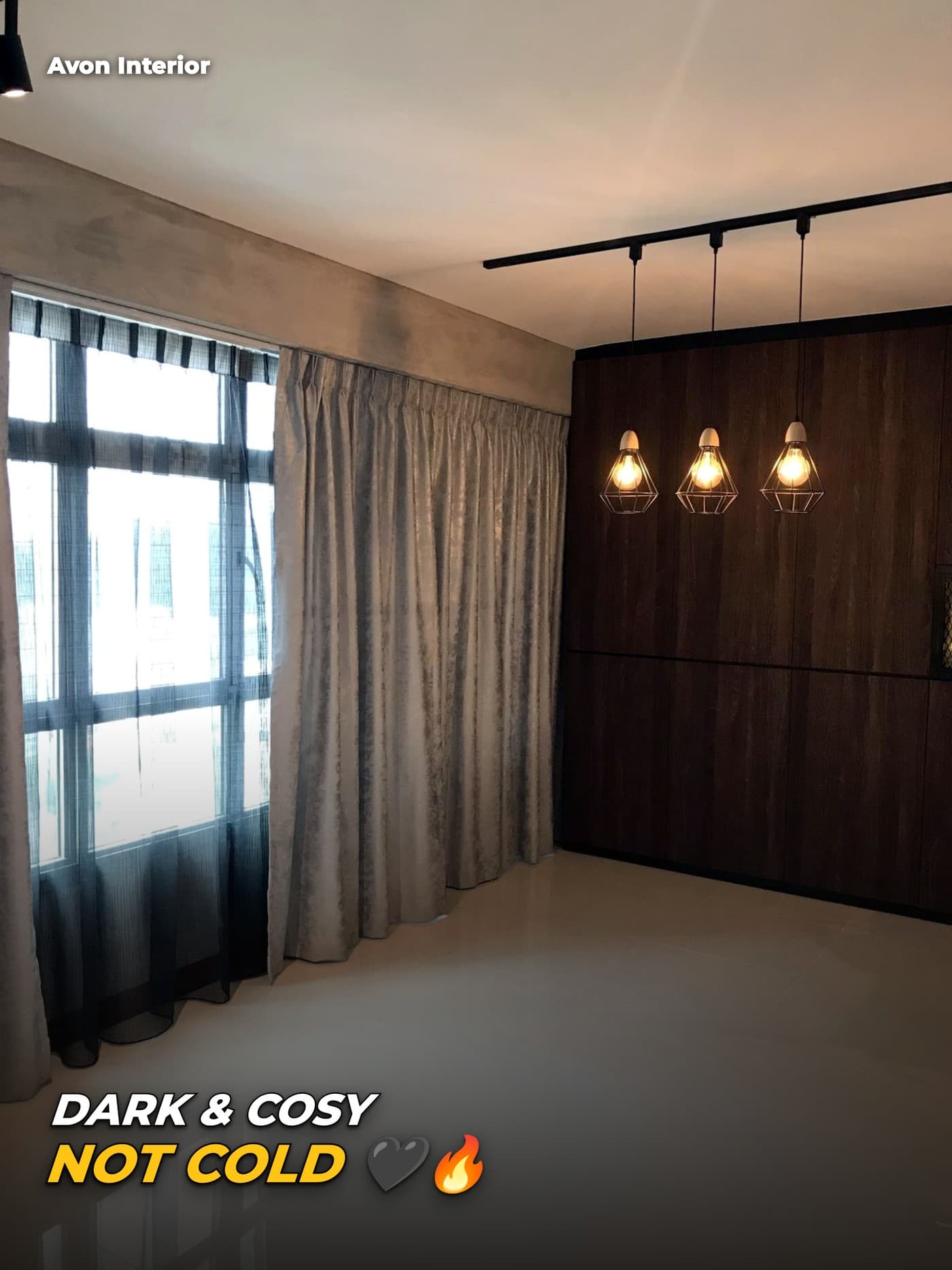 Skypeak living room with track lights by the window. Headline on the image: Dark and cosy, not cold