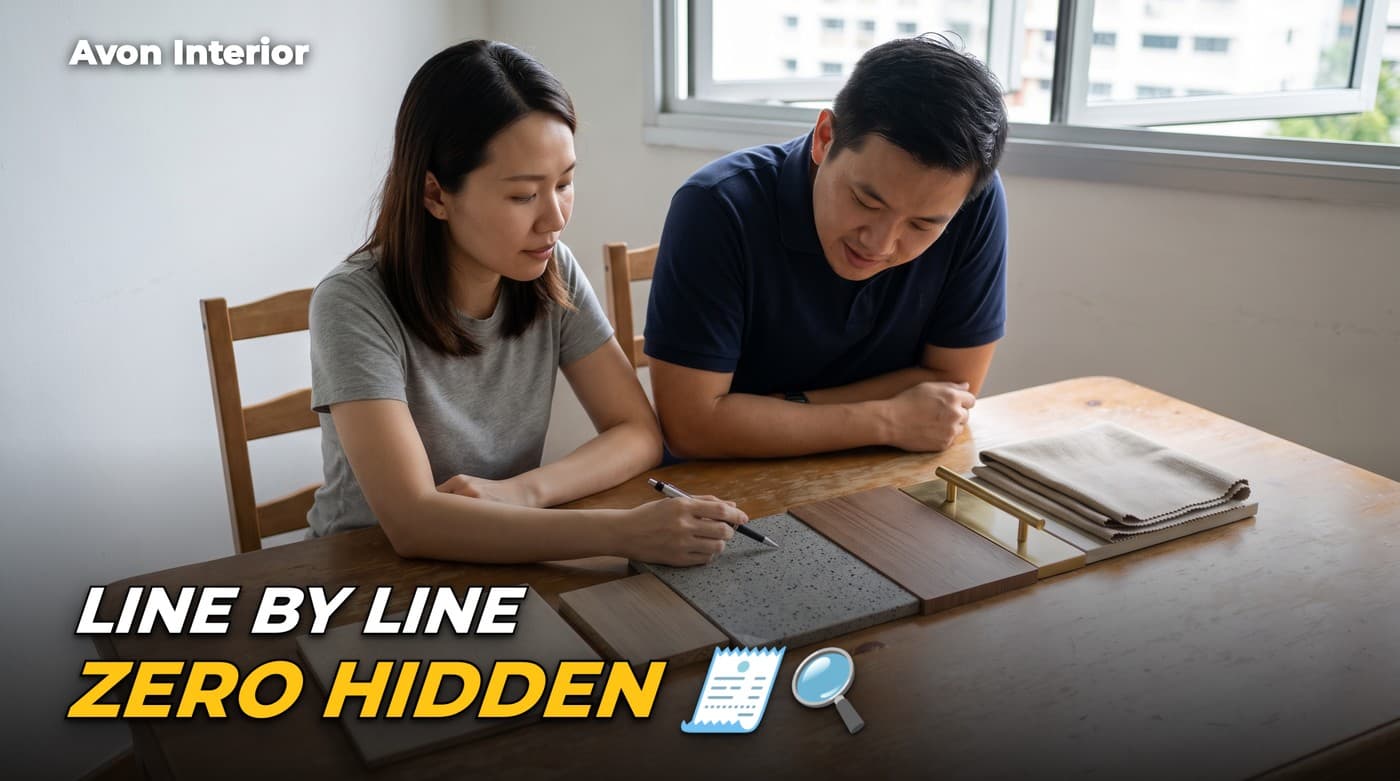 A couple at a dining table running a pen along a row of tile, laminate and stone samples. Headline on the image: Line by line, zero hidden
