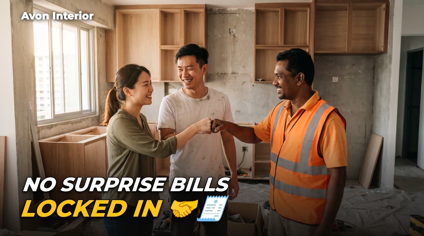 Homeowners fist-bumping their contractor on a half-finished kitchen. Headline on the image: No surprise bills, locked in