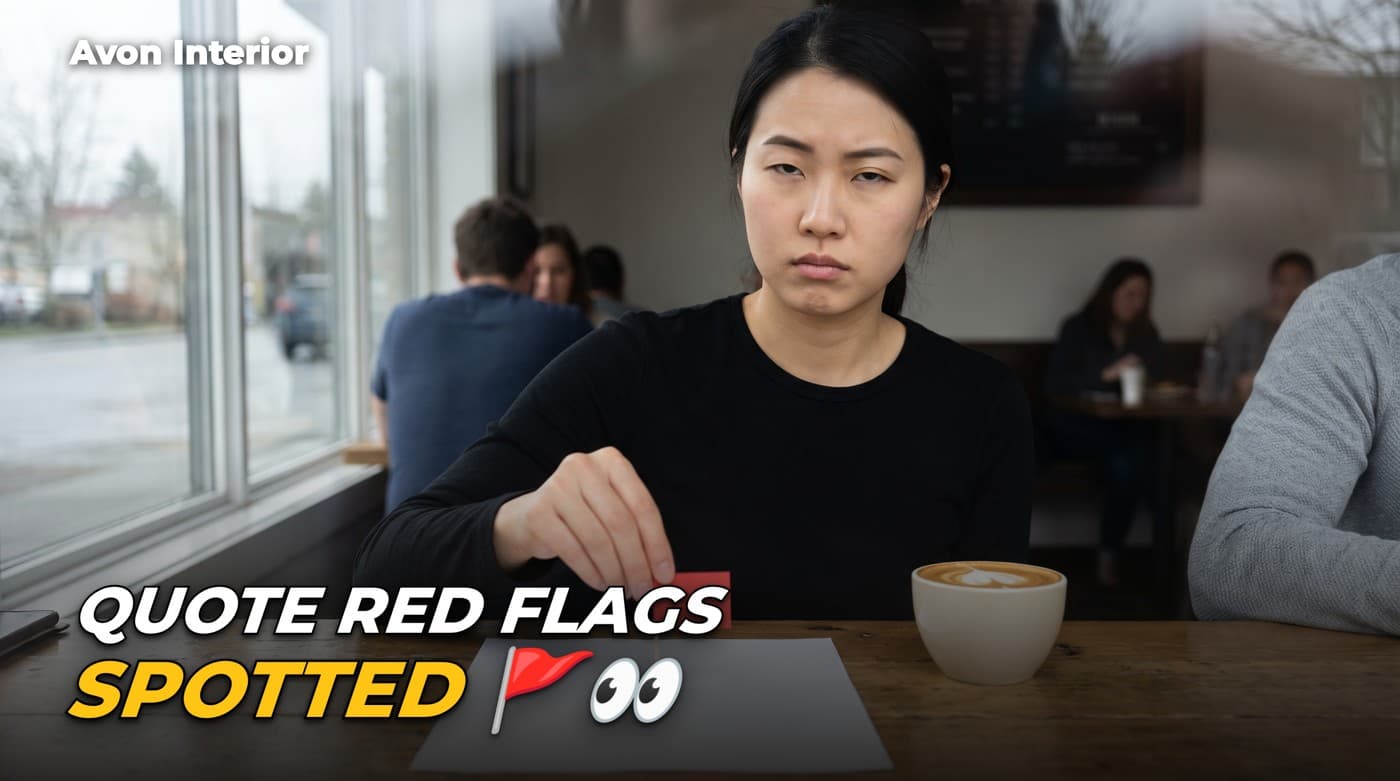 A woman at a cafe table planting a tiny red flag on a quote. Headline on the image: Quote red flags spotted