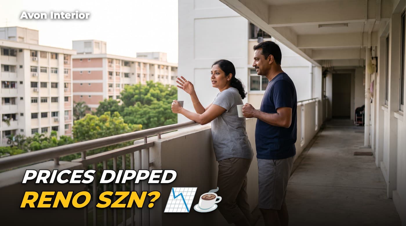 A couple with coffee on an HDB corridor looking out over the estate. Headline on the image: Prices dipped, reno season?
