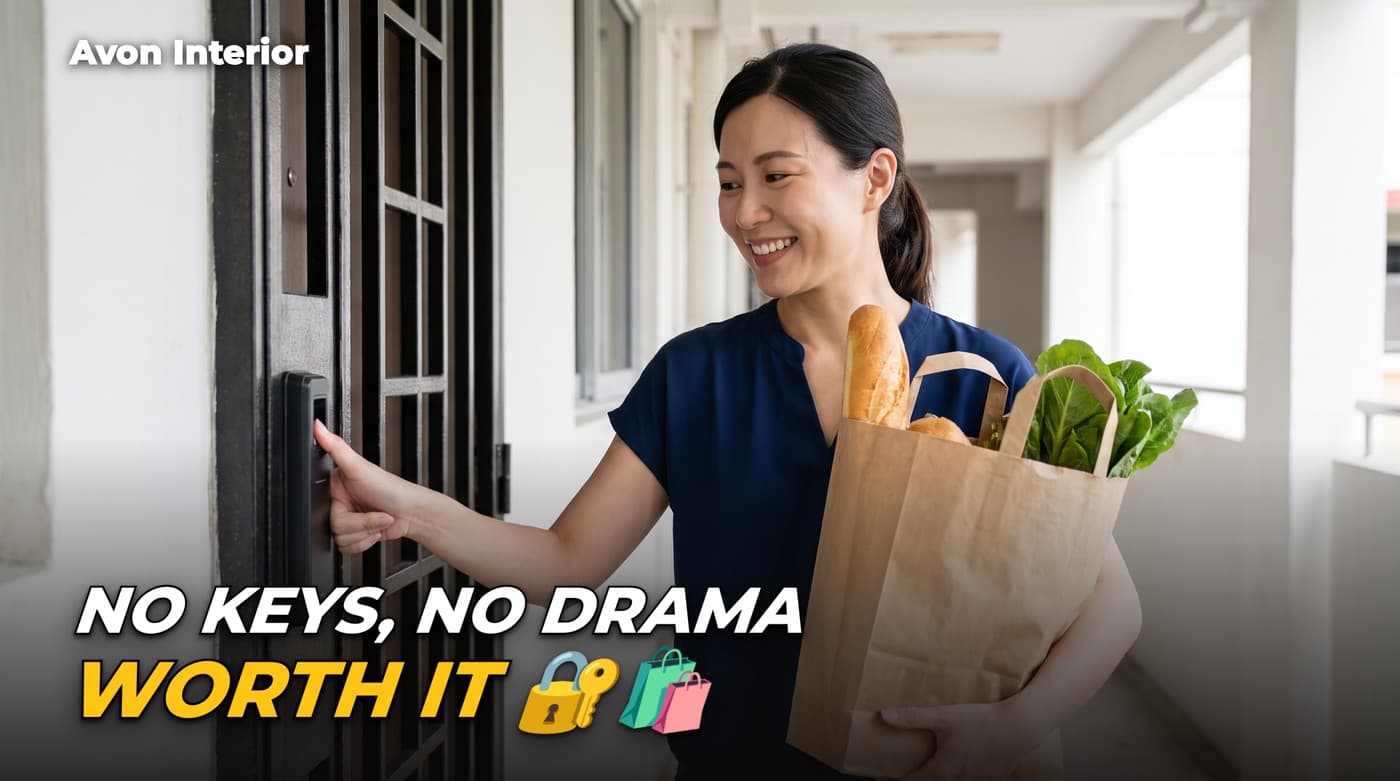 A woman with grocery bags unlocking her front door with a fingerprint lock. Headline on the image: No keys, no drama, worth it