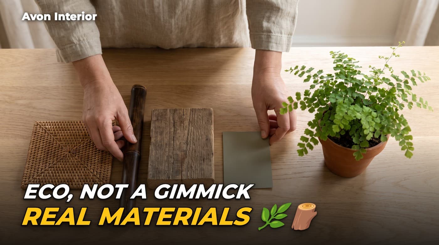 Hands laying out rattan, bamboo, reclaimed timber and a paint chip beside a fern. Headline on the image: Eco, not a gimmick, real materials