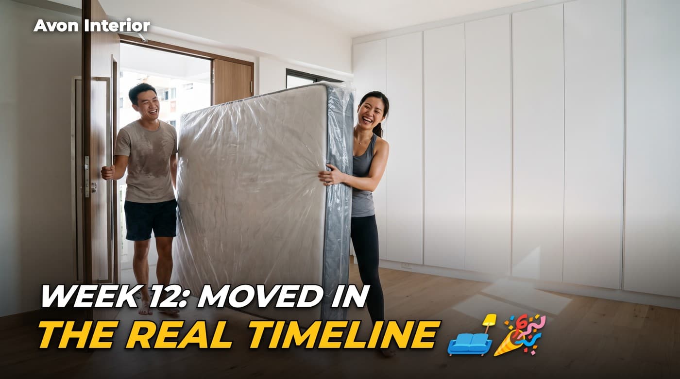 A couple carrying a wrapped mattress into their freshly renovated flat. Headline on the image: Week 12, moved in, the real timeline