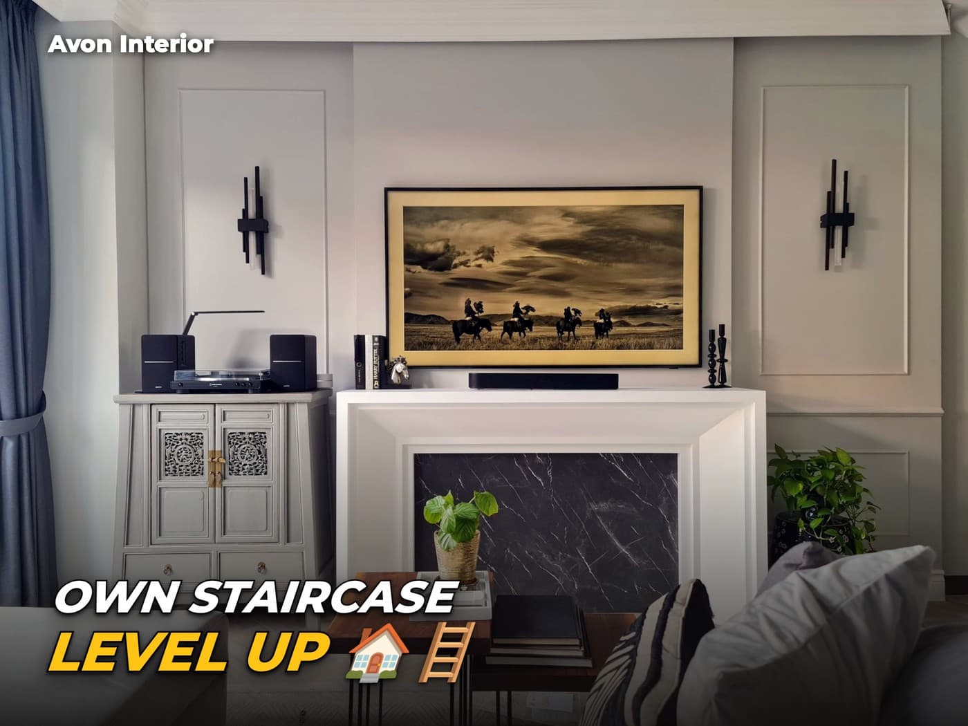 Kew Gate living room mantel feature wall. Headline on the image: Own staircase, level up