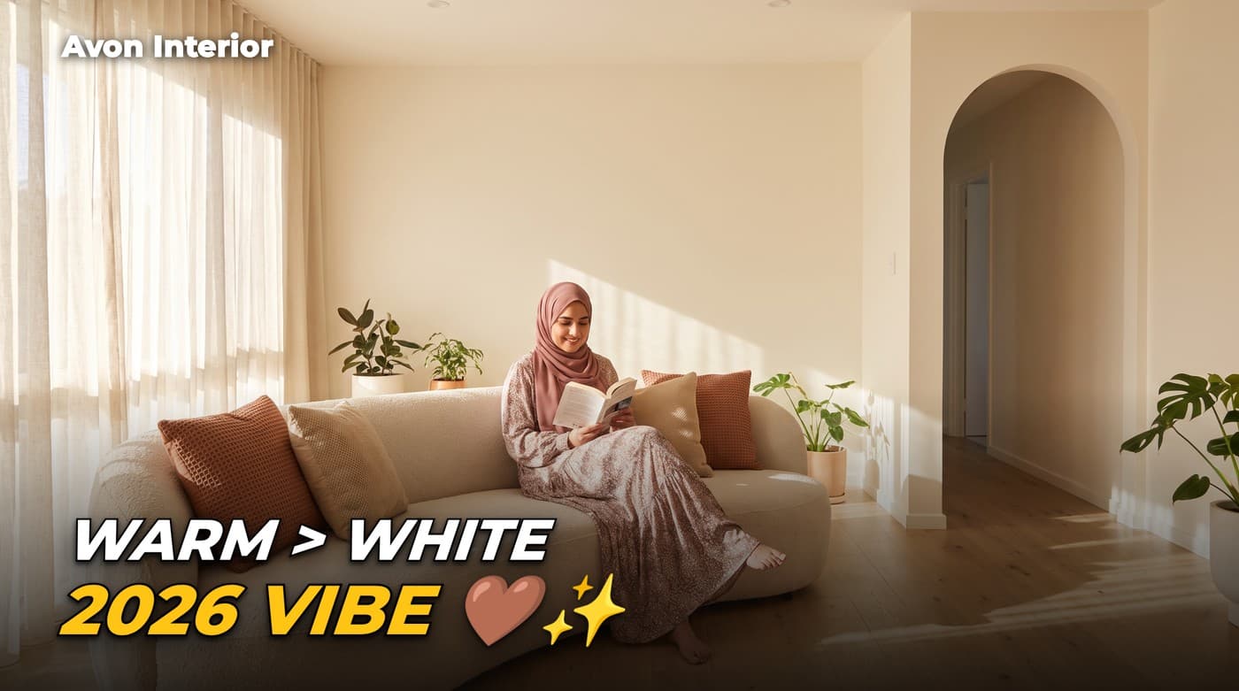 A woman reading on a curved cream sofa in a warm minimalist living room with an arched doorway. Headline on the image: Warm over white, 2026 vibe