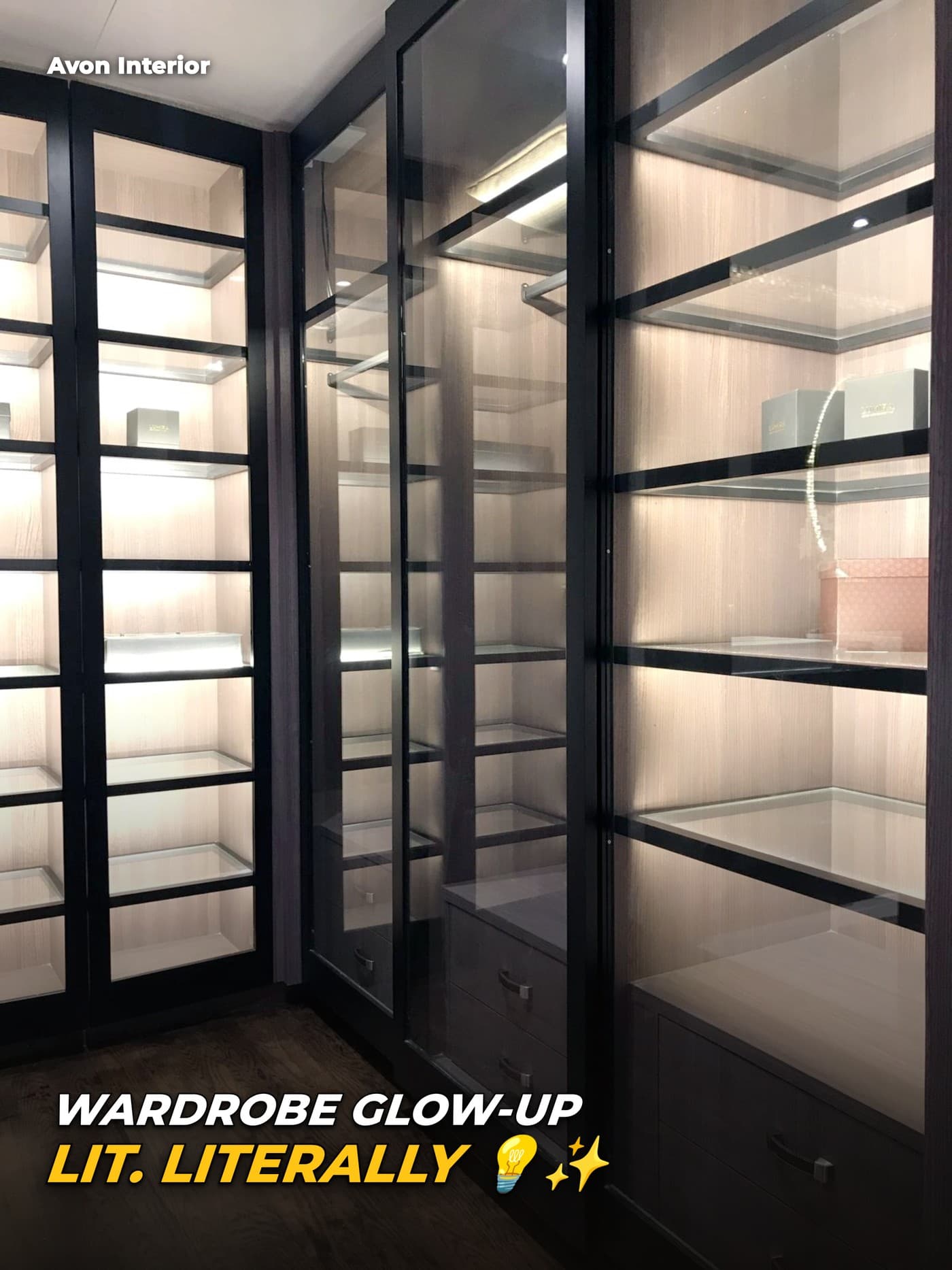 Backlit glass display shelving at Marina Bay Suites. Headline on the image: Wardrobe glow-up, lit, literally
