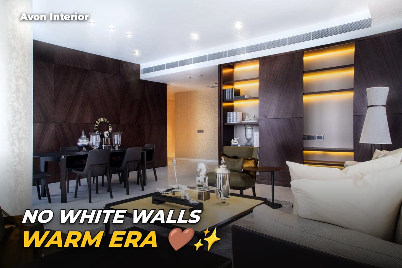 Reflections at Keppel Bay living room. Headline on the image: No white walls, warm era
