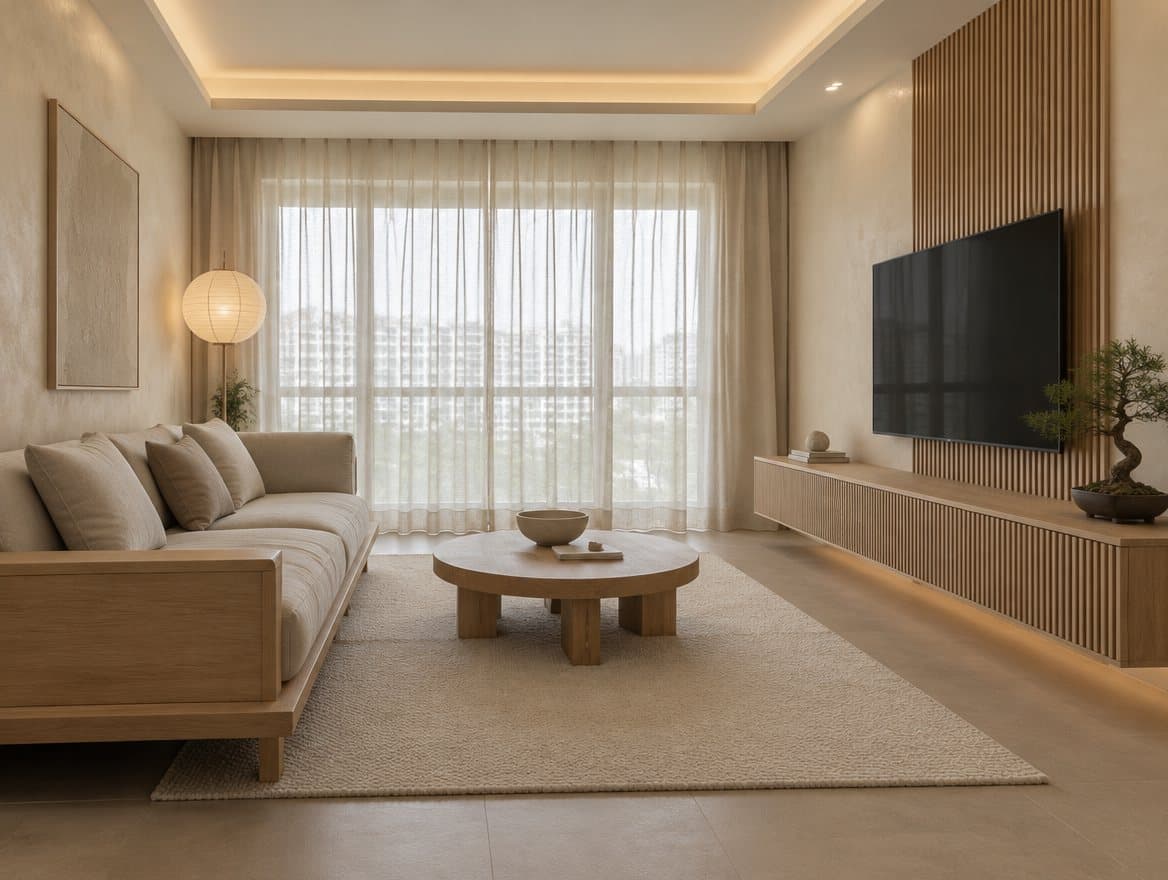 Japandi living room with sofa, coffee table and TV console. Style inspiration.