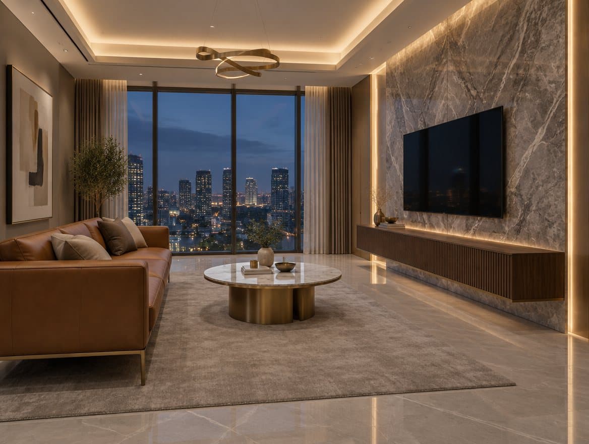 Modern Luxe living room with sofa, coffee table and TV console. Style inspiration.
