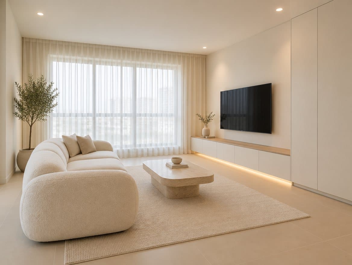 Warm Minimalist living room with sofa, coffee table and TV console. Style inspiration.