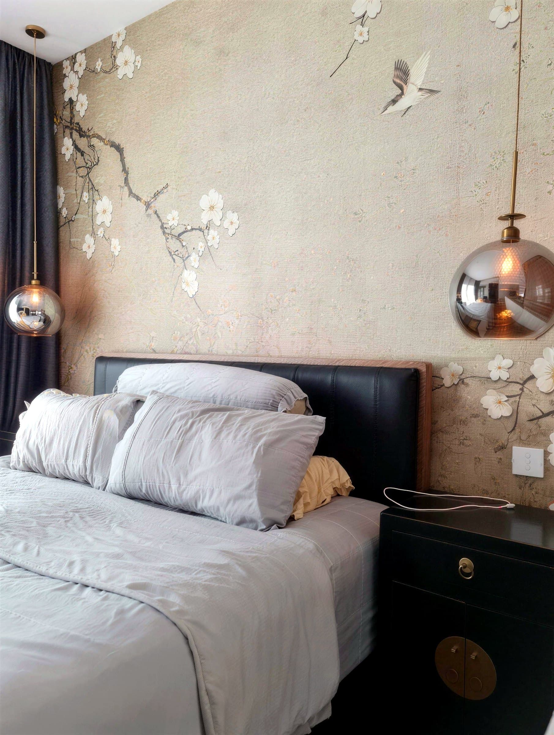 Bedroom with blossom feature wallpaper