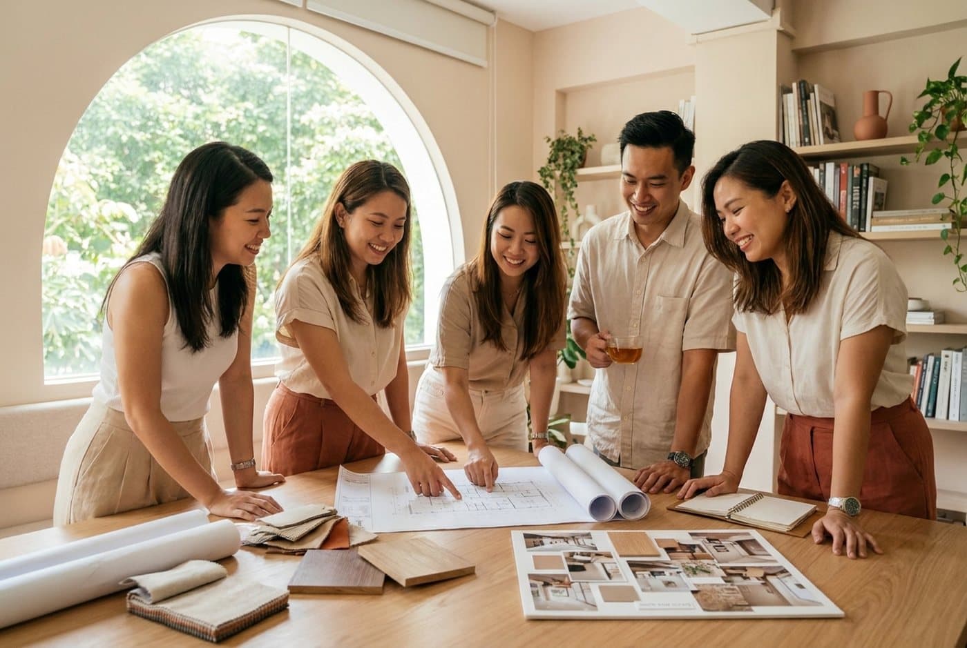 The Avon Interior team collaborating over floor plans and mood boards
