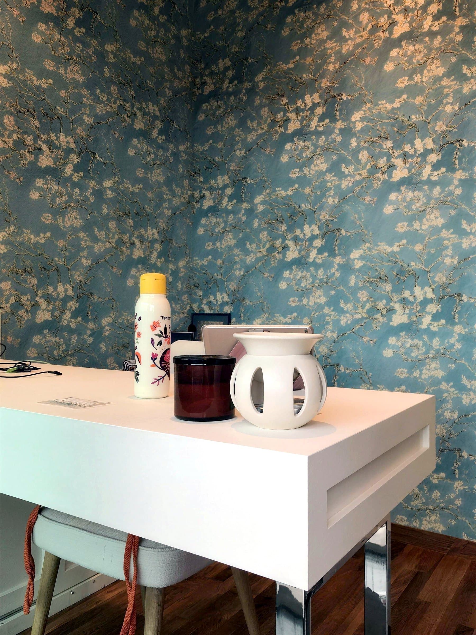 Blush-pink lacquered console built for the audio equipment
